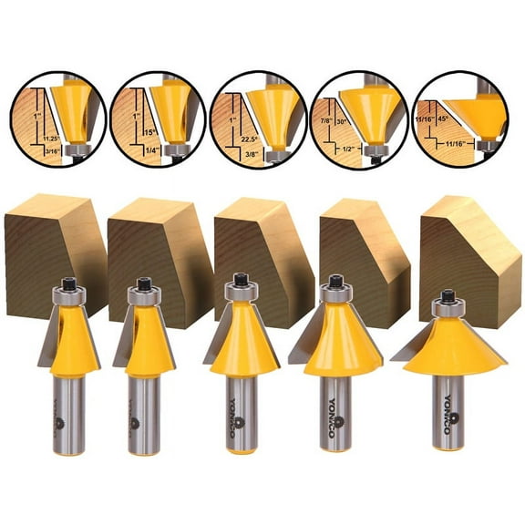Yonico 5 Bit Chamfer Router Bit Set 11.25° 15° 22.5° 30° 45° - 1/2" Shank 13508