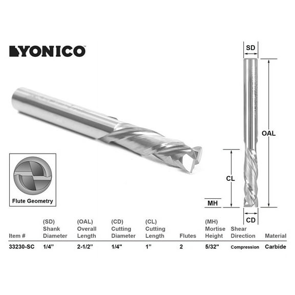 Yonico CNC Router Bit 2 Flute Compression Cut 1/4" X 1" 1/4" Shank- 33210-SC