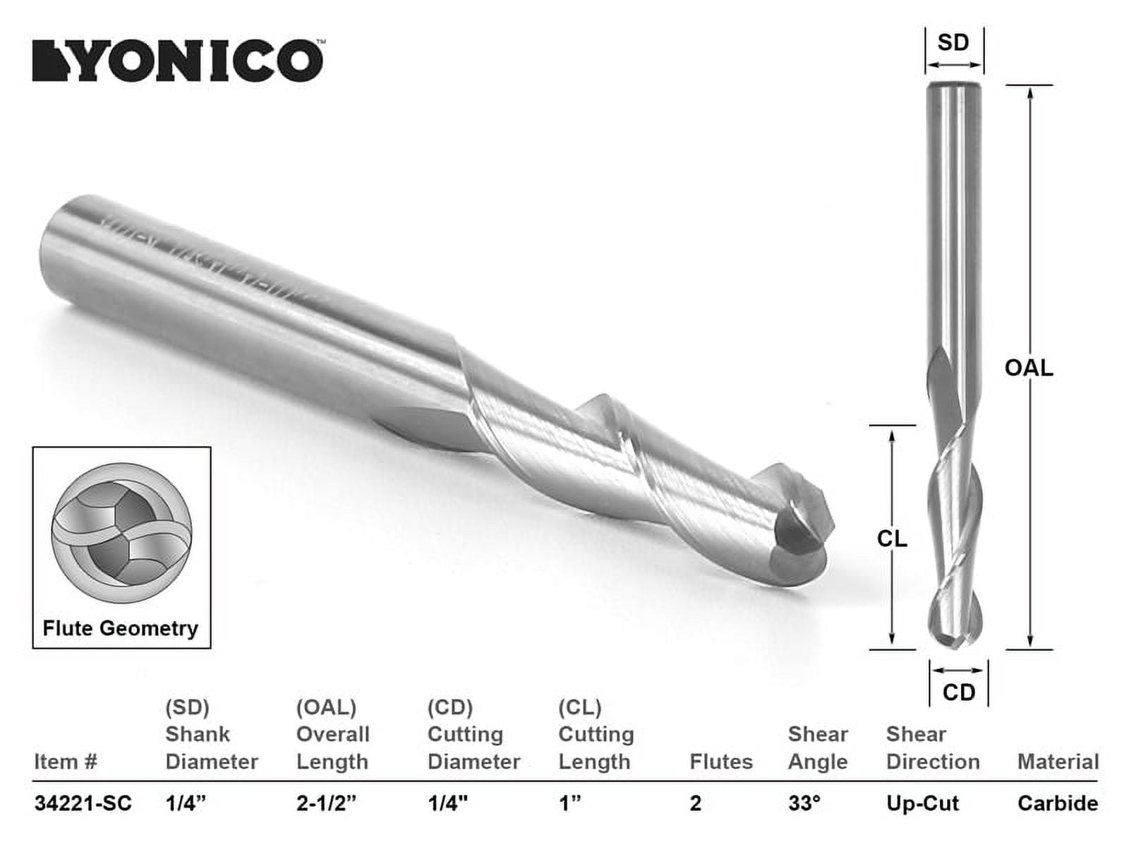 Yonico CNC Router Bit Ball Nose Solid Carbide 1/4" X 1" X 1/4" X 21/2