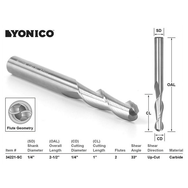 Yonico CNC Router Bit Ball Nose Solid Carbide 1/4