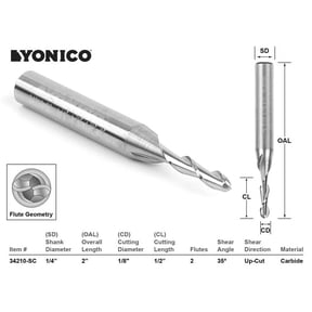 Yonico CNC Router Bit Ball Nose Solid Carbide 1/8" X 1/2" X 1/4" X 2" - 34210-SC