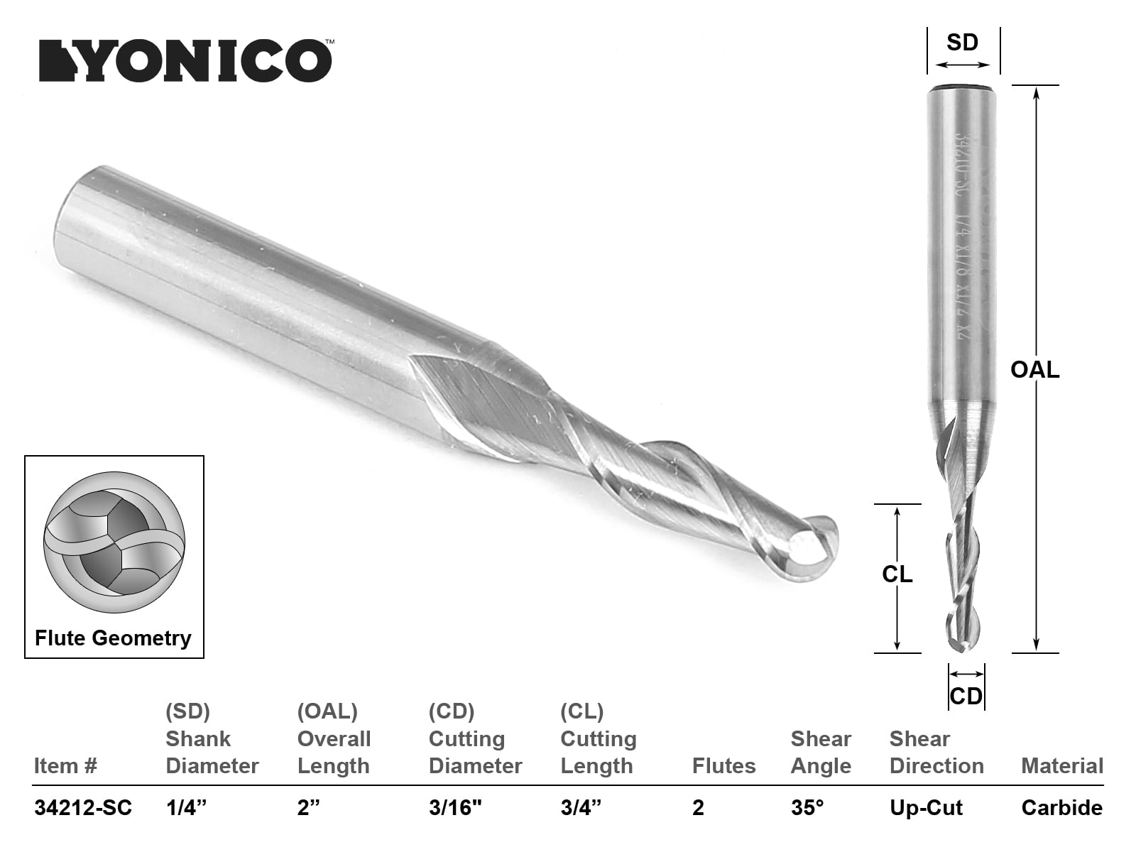 Yonico CNC Router Bit Ball Nose Solid Carbide 3/16