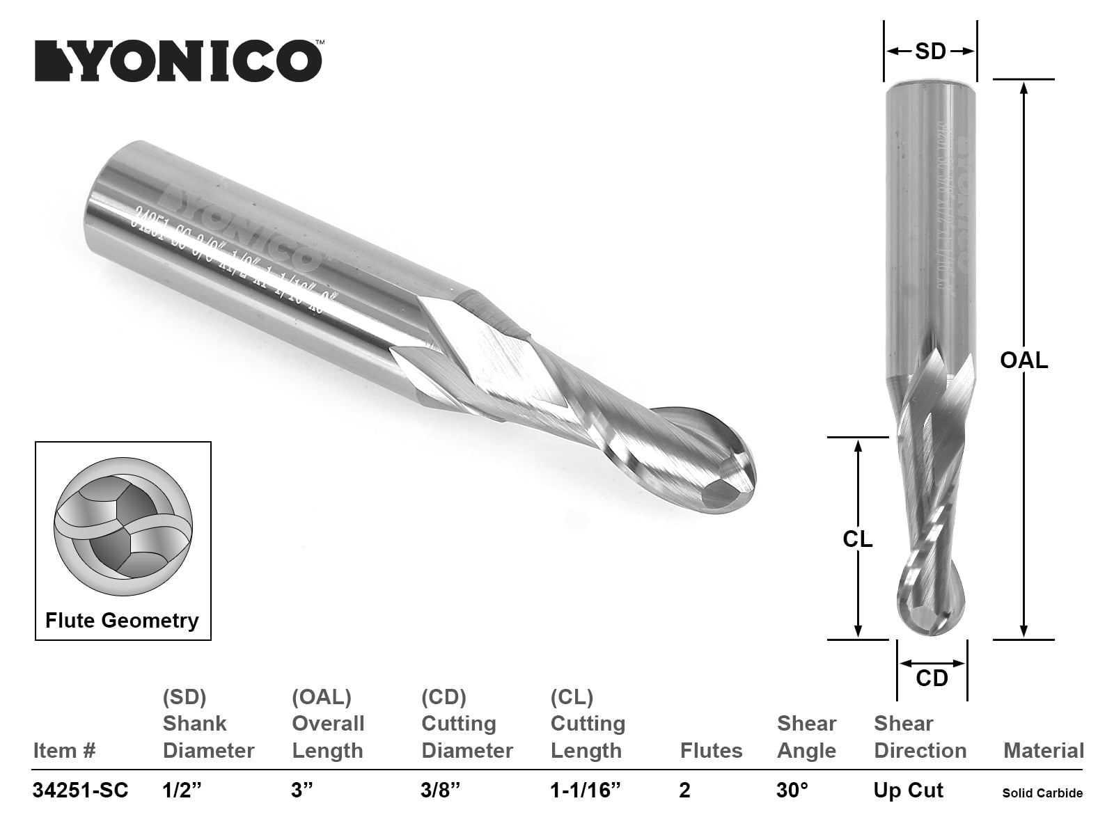 Yonico CNC Router Bit Ball Nose Solid Carbide 3/8" X 11/16" X 1/2" X 3