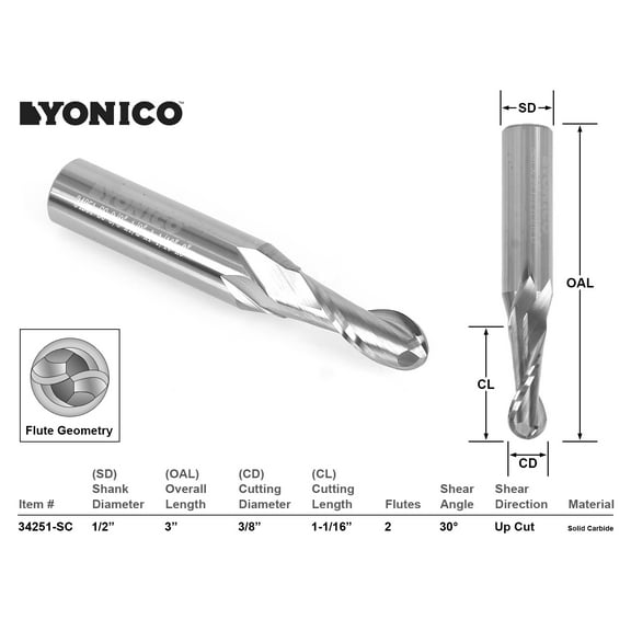 Yonico CNC Router Bit Ball Nose Solid Carbide 3/8" X 1-1/16" X 1/2" X 3" 34251-SC