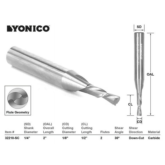 Yonico CNC Router Bit Down Cut Solid Carbide 1/8" X 1/2" X 1/4" X 2" 32210-SC