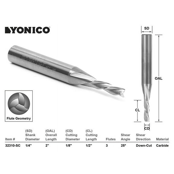Yonico CNC Router Bit Down Cut Solid Carbide 1/8" X 1/2" X 1/4" X 2" 32310-SC