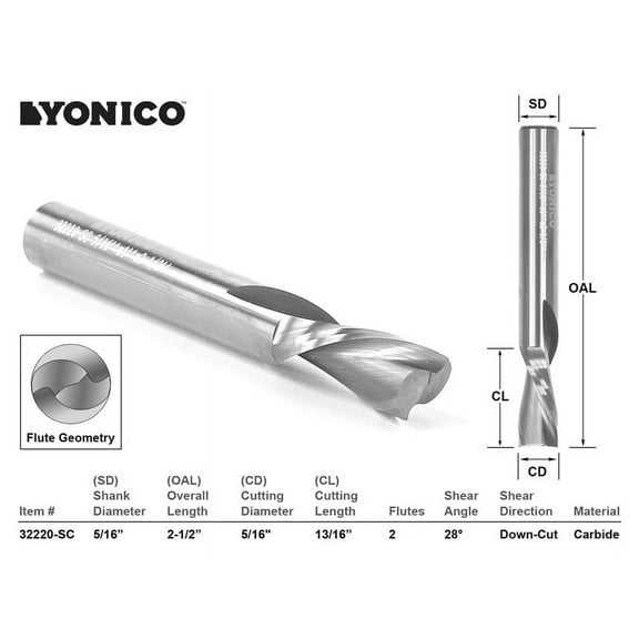 Yonico CNC Router Bit Down Cut Solid Carbide End Mill 5/16" X 13/16" 32220-SC
