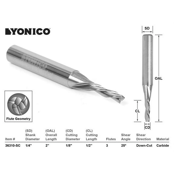 Yonico CNC Router Bit Low Helix Down Cut 1/8" X 1/2" X 1/4" X 2" - 36310-SC