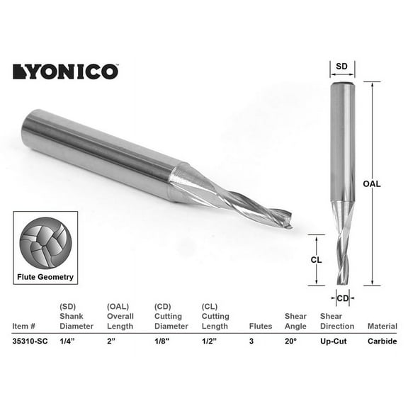 Yonico CNC Router Bit Low Helix Up Cut 1/8" X 1/2" X 1/4" X 2" - 35310-SC
