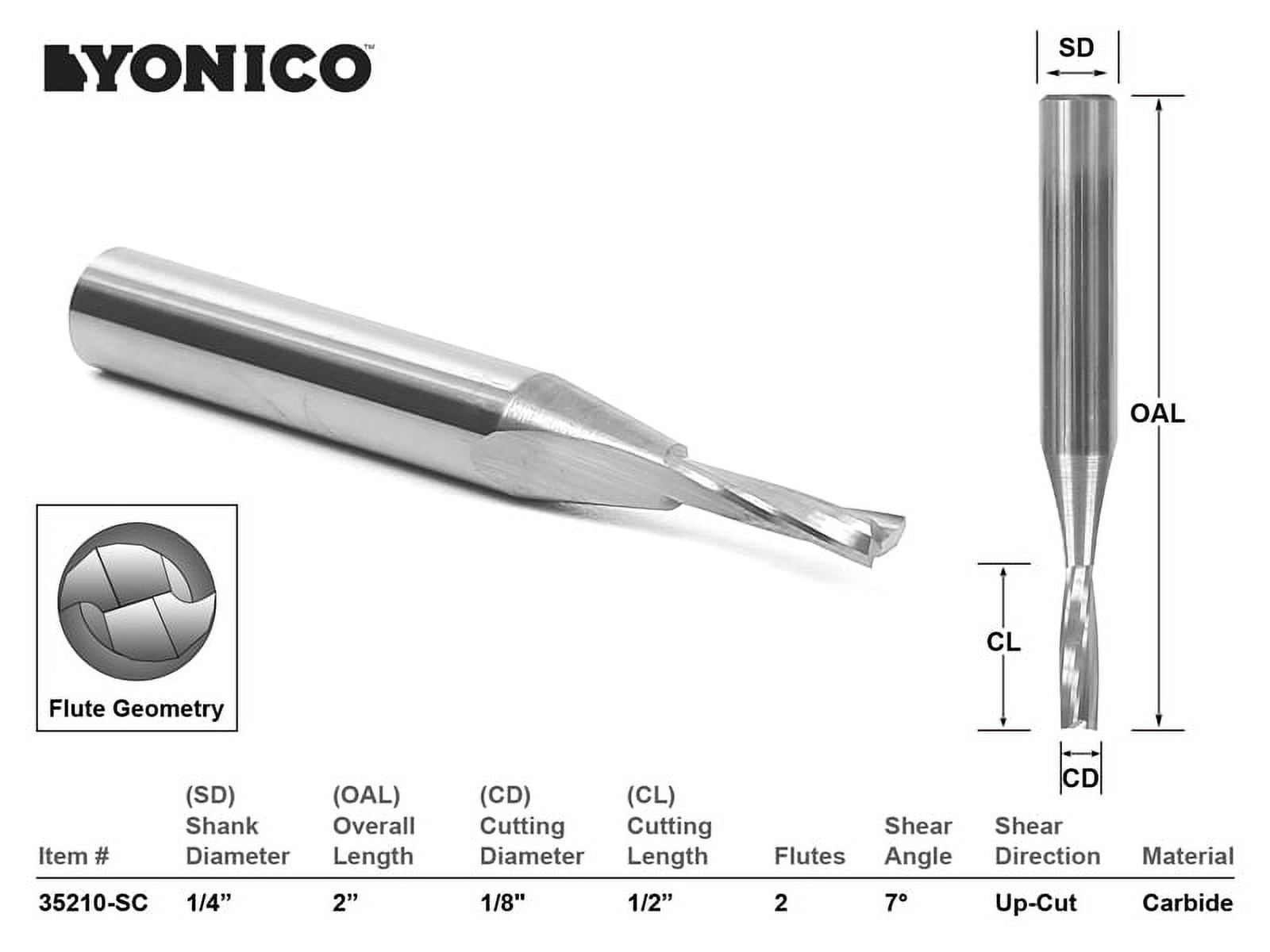 Yonico CNC Router Bit Low Helix Up Cut 1/8" X 1" X 1/4" X 2" 35210SC