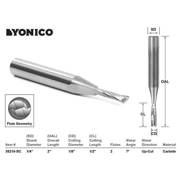 Yonico CNC Router Bit Low Helix Up Cut 1/8" X 1" X 1/4" X 2" - 35210-SC