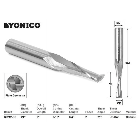 Yonico CNC Router Bit Low Helix Up Cut 2 Flute 3/16" Dia. X 3/4"- 35212-SC