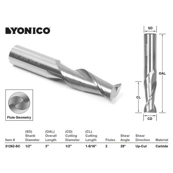 Yonico CNC Router Bit Up Cut Solid Carbide 1/2" X 1-5/16" X 1/2" X 3" - 31262-SC