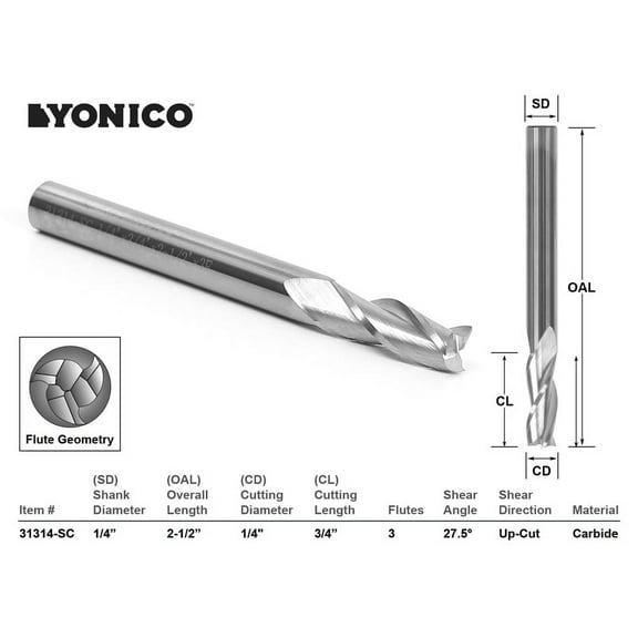Yonico CNC Router Bit Up Cut Solid Carbide 1/4" X 3/4" X 1/4" X 2-1/2" - 31314-SC