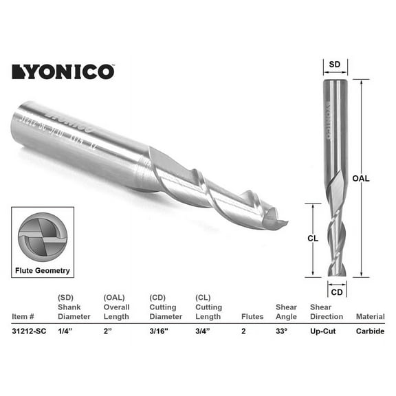 Yonico CNC Router Bit Up Cut Solid Carbide 3/16" X 3/4" X 1/4" X 2" - 31212-SC