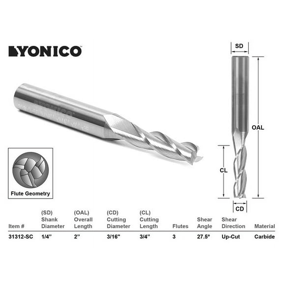 Yonico CNC Router Bit Up Cut Solid Carbide 3/16" X 3/4" X 1/4" X 2" - 31312-SC