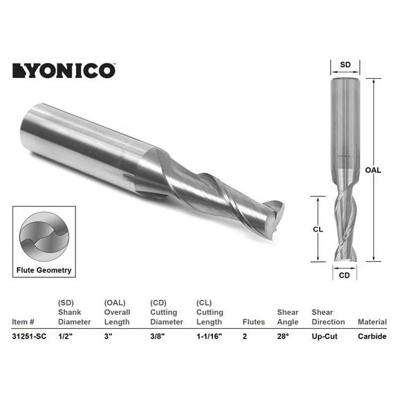 Yonico CNC Router Bit Up Cut Solid Carbide 3/8" X 1-1/16" X 1/2" X 3" - 31251-SC