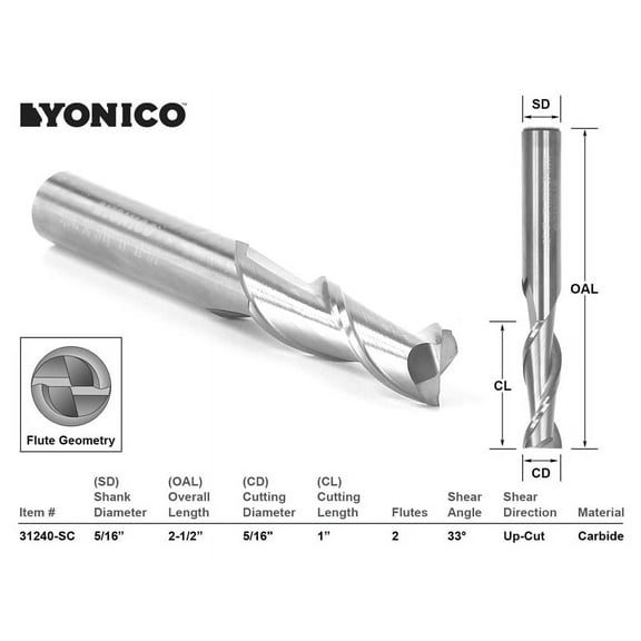 Yonico CNC Router Bit Up Cut Solid Carbide 5/16" X 1" X 5/16" X 2-1/2" - 31240-SC