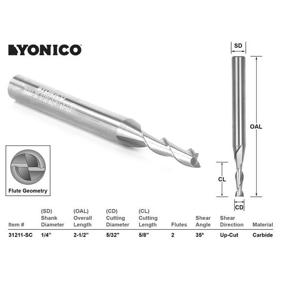 Yonico CNC Router Bit Up Cut Solid Carbide 5/32" X 5/8" X 1/4" X 2-1/2"- 31211-SC