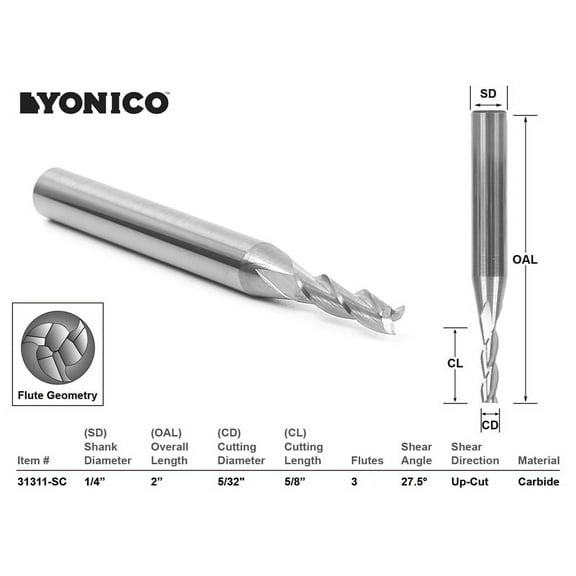 Yonico CNC Router Bit Up Cut Solid Carbide 5/32" X 5/8" X 1/4" X 2-1/2"- 31311-SC