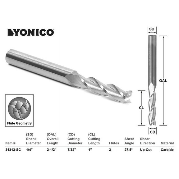 Yonico CNC Router Bit Up Cut Solid Carbide 7/32" X 1" X 1/4" X 2-1/2" - 31313-SC