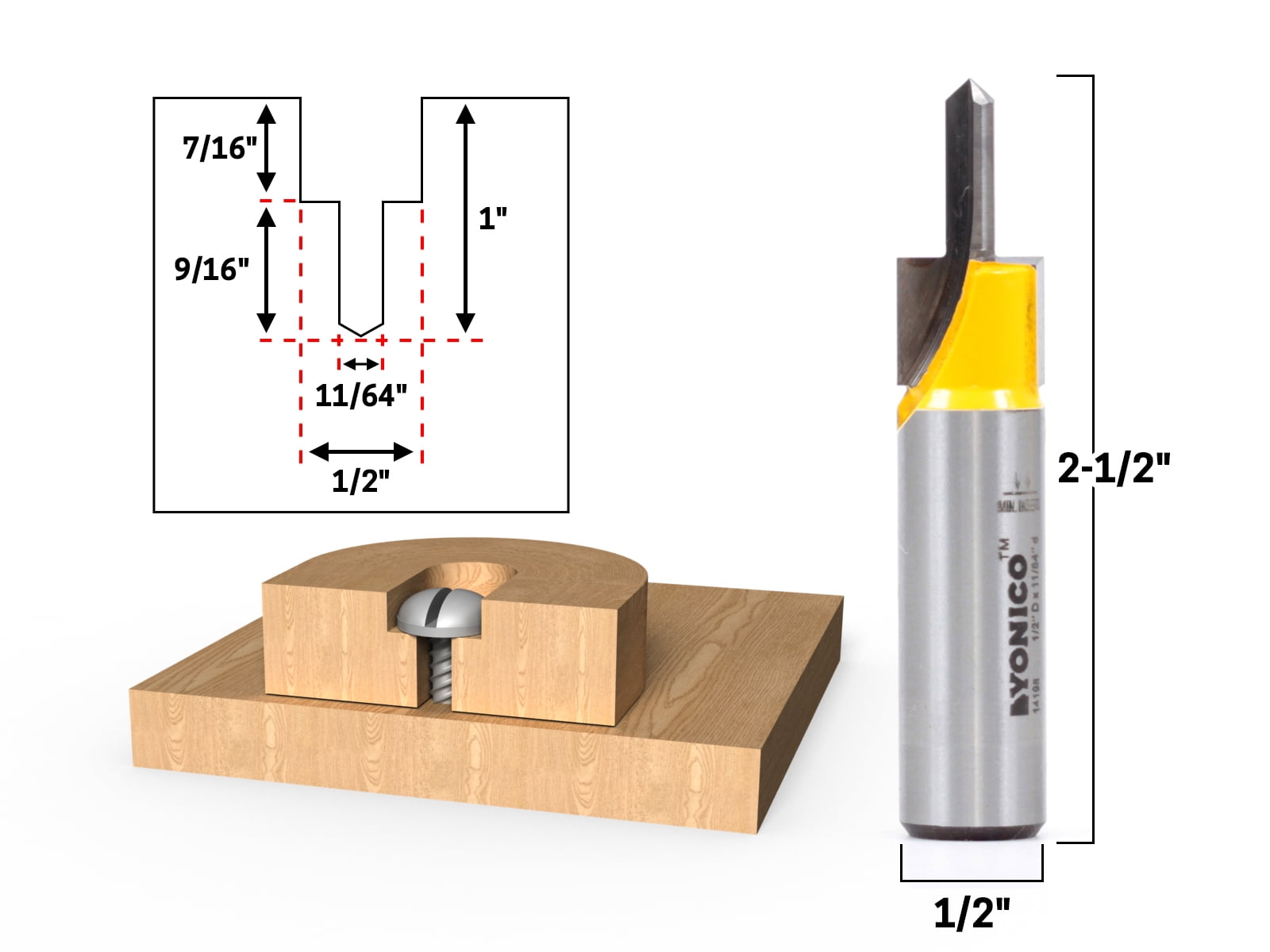 Yonico Counter Bore and Screw Slot Router Bit - 1/2