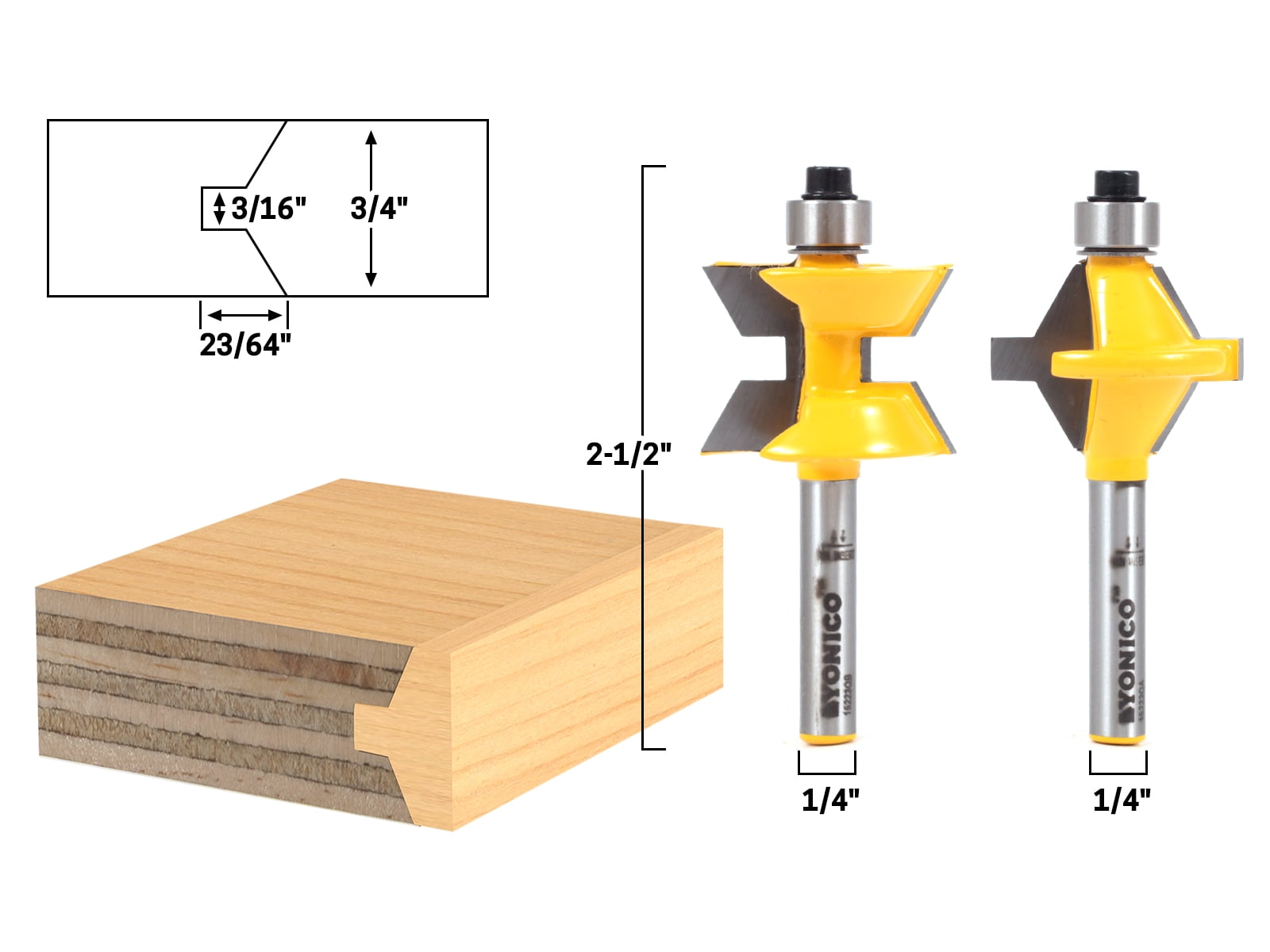 Yonico Small 2 Bit Tongue and Groove Edge Banding Router Bit Set - 1/4" Shank - 15223q
