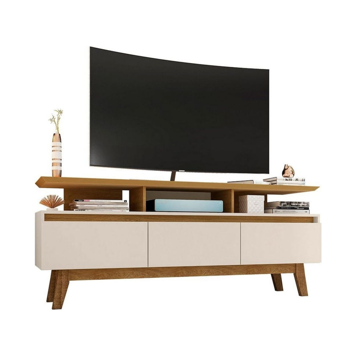 Off White and Cinnamon Mid-Century Modern TV Stand with Cabinet