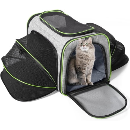 Yonktoo Large Expandable, Portable, Breathable, Claw-defense Mesh Soft-Sided Cat Carrier with Carrier, Removable Soft Mats, Shoulder Strap, Gray, 15 lb Limit