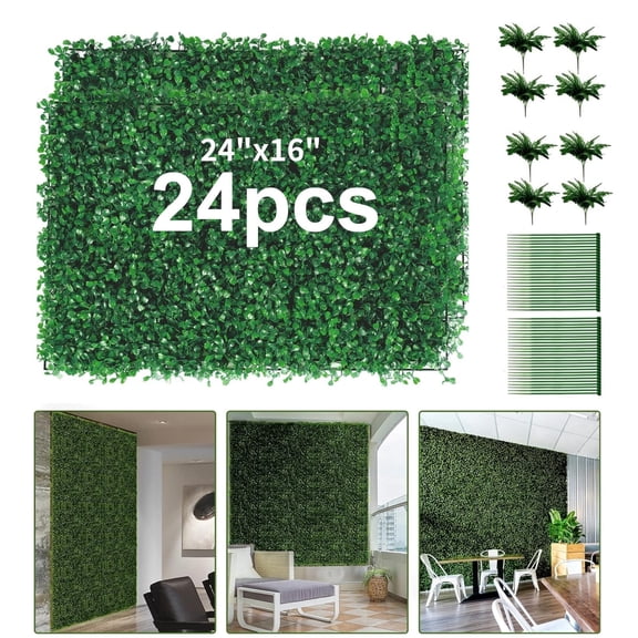 Yonopro 16"X24"Artificial Grass Panel, 24Pcs Boxwood Hedge Wall Panels UV-Anti Grass Backdrop Wall , Greenery Privacy Hedge Screen for Indoor Outdoor Patio Balcony, Garden Fence (SGS CERTIFICATED)