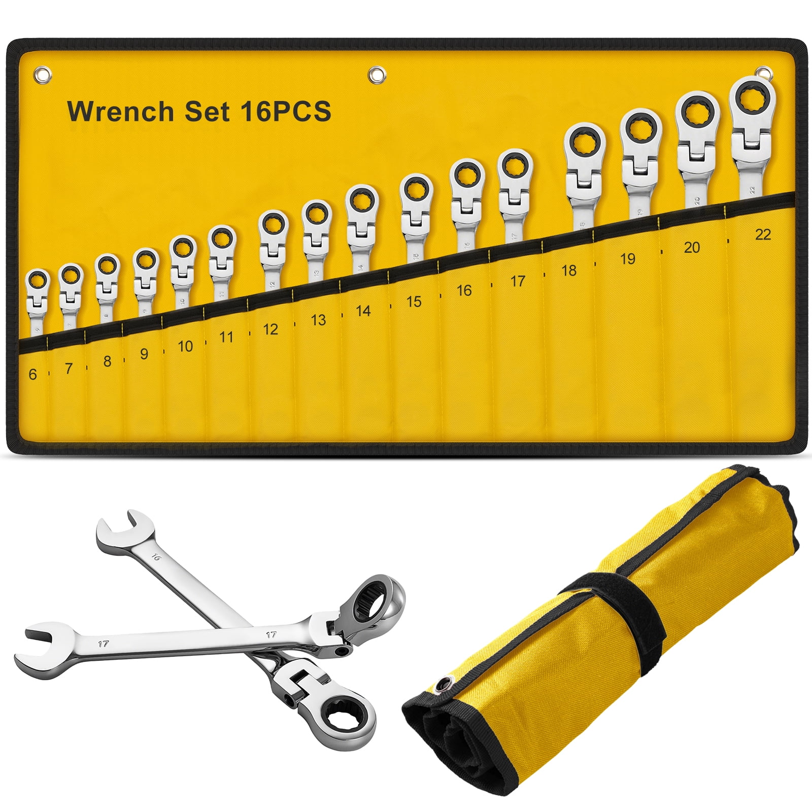 Yonopro 16Pcs Ratcheting Wrench Set, Combination Ratchet Wrench Set 6-22MM with Chrome Vanadium Steel Flex-Head & Carrying Bag