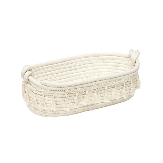 Yonrjhukm Boho Macrame Decorative Storage Basket, Woven Rope Organizer for Makeup, Cosmetics, Toiletries, and Home Decor, Versatile Bathroom and Living Room Basket