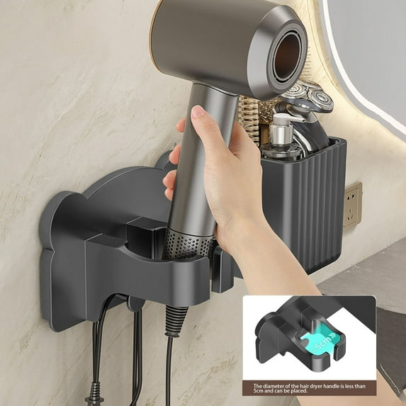 Yonrjhukm Hair Dryer Storage Rack, Wall Mounted Hair Dryer Holder, No Drilling Bathroom Organizer with Accessories Compartments, Durable Plastic, Convenient Hair Styling Tool