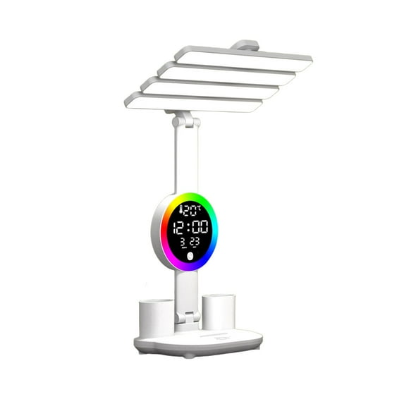 Yonrjhukm LED Desk Lamp with RGB Ambient Lighting, Foldable Design, Digital Clock, Built-in Fan, and Pen Holders for Study, Work, or Bedside Use