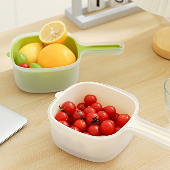 Yonrjhukm Mini Double-Layer Colander, Handled Strainer Basket for Kitchen Draining and Water Storage, Non-Slip Handle, Space-Saving Stacking Design, Ideal for Cleaning Fruits and Tableware