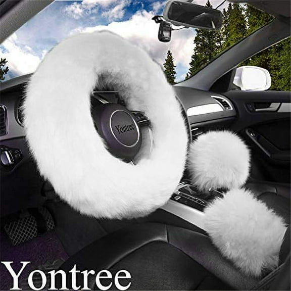 Yontree Fashion Fluffy Steering Wheel Covers for Women/Girls/Ladies Australia Pure Wool 15 Inch 1 Set 3 Pcs (White)