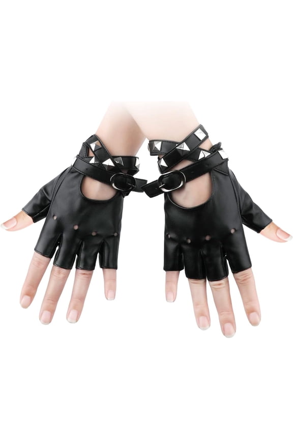 1 pair Fingerless Faux Leather Gloves, PU Soft Half Finger Gloves Leather Punk Gloves Fingerless Black Rocker Costume Accessories with Bracelet for Halloween Woman Teens