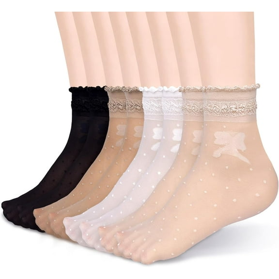 YooGuoGuo 12 Pairs Women's Sheer Ruffled Socks Frilly Ankle High Nude Nylon Stocking Ultra Thin Cool Silk Socks for Women