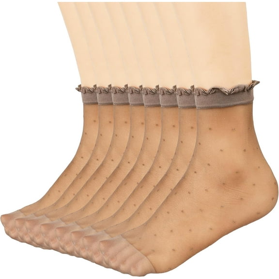 YooGuoGuo 12 Pairs Women's Sheer Ruffled Socks Frilly Ankle High Nylon Stocking Summer Ultra Thin Cool Silk Dot Socks for Women Coffee
