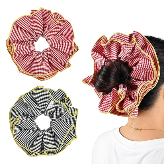 YooGuoGuo 2-Piece Lattice Ruffles Large Scrunchies for Women Girls, Cute Big Hair Ties No Damage Hair Accessories, Elastic Hair Bands for Hair Bun Ponytail (Black & Red)