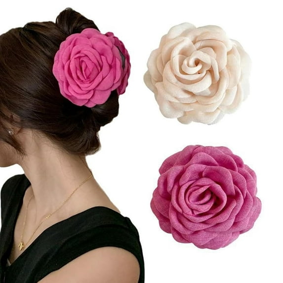 YooGuoGuo 2pcs Large Hair Claw Clips wiht Rose Blooms Fabric Silk Hawaiian Flower Hair Clips Hair Accessories for Women Girls (Rose Red, Beige)