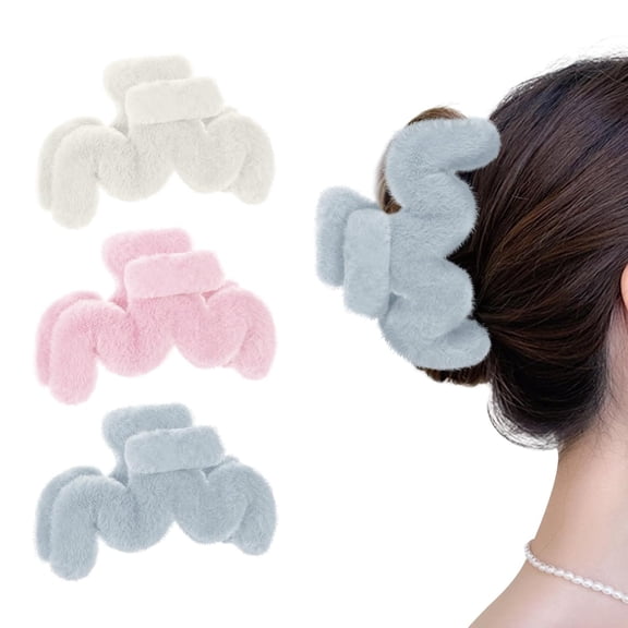 YooGuoGuo 3-Piece Faux Fur Hair Clips for Women Girls, Large Plush Claw Clip for Thin Thick Long Hair, Soft Fuzzy Non-Slip Hair Accessories (Black & White & Red)