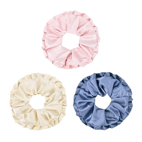 YooGuoGuo 3-Piece Wrinkles Edge Satin Large Scrunchies for Women Girls, No Damage Elastic Hair Ties, Bulk Ponytail Holder Hair Bands, Rubber Band Hair Accessories (White & Blue & Pink)