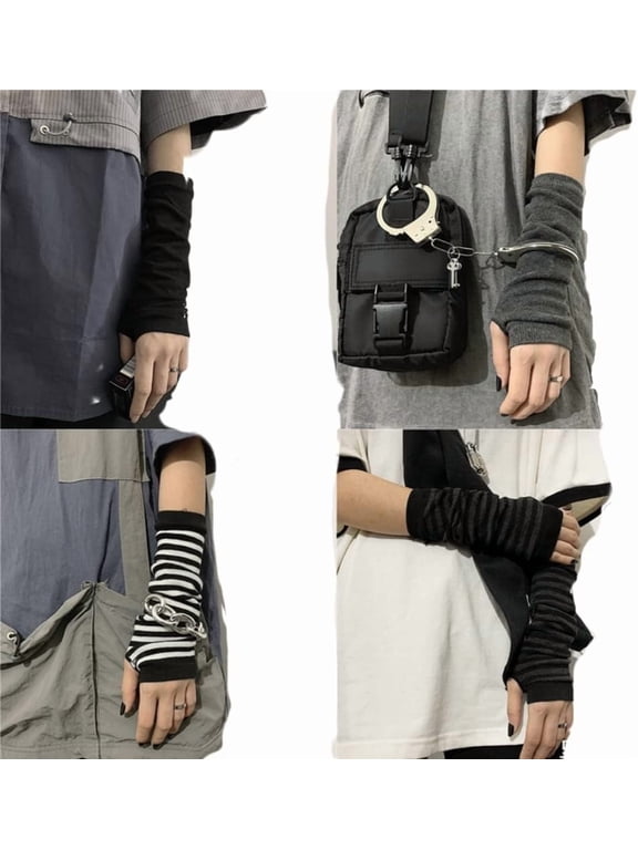 4 Pairs Arm Warmers Goth Emo Cosplay Fingerless Black Striped Cute Punk Gloves Gothic Long Kawaii Warm Gloves for Women