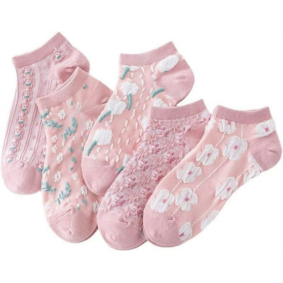YooGuoGuo 5 Pair Pink Cute Socks, Cottagecore 3D Floral Crew Socks for Women, Y2K Summer Soft Breathable Ankle Socks