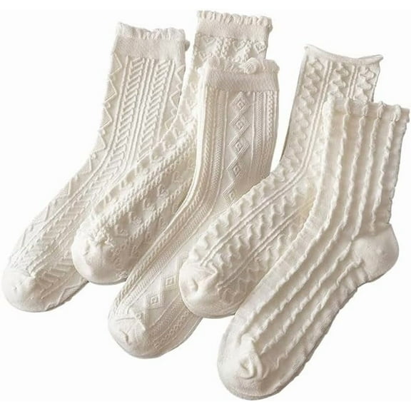 YooGuoGuo 5 Pair White Cute Ankle Socks for Women Coquette Cable Knit Long Cotton Lace Ruffle Frilly Cottagecore FLoral Socks