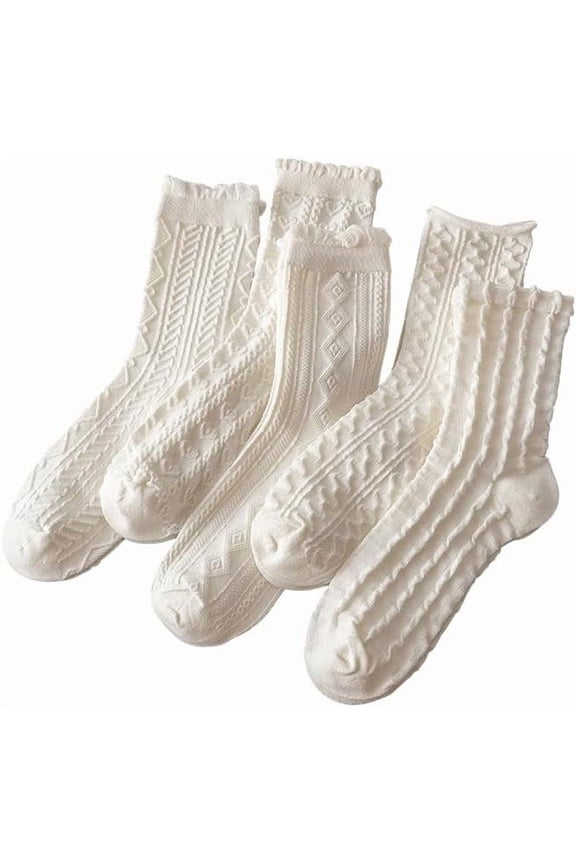 5 Pair White Cute Ankle Socks for Women Coquette Cable Knit Long Cotton Lace Ruffle Frilly Cottagecore FLoral Socks