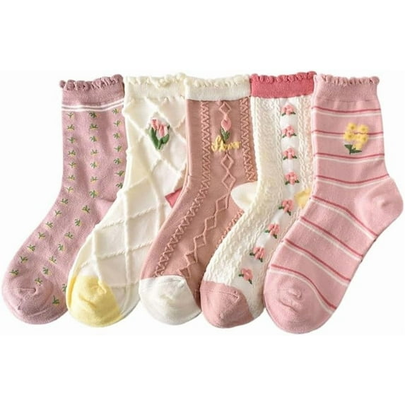 YooGuoGuo 5 Pairs Floral Ruffle Socks Y2K Lolita Aesthetic Embossed Crimped Socks Coquette Ankle Socks Fairycore Accessories