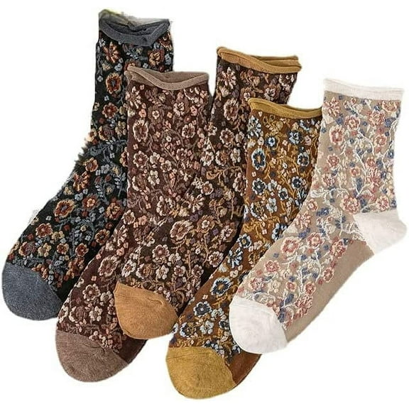 YooGuoGuo 5 Pairs Floral Socks Y2K Vintage Ethnic Jacquard Crew Cotton Socks Fairy Grunge Alt Dress Socks