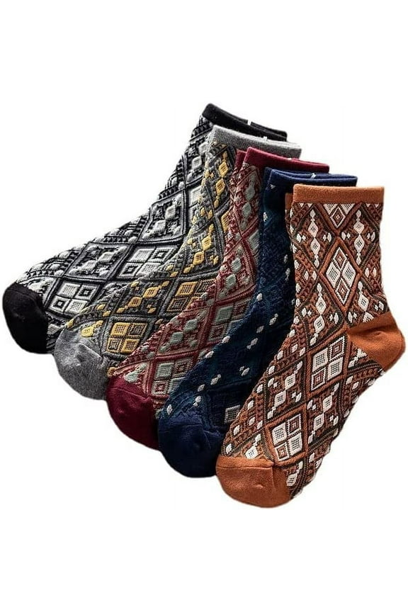 5 Pairs Floral Socks Y2K Vintage Ethnic Jacquard Crew Cotton Socks Fairy Grunge Alt Emo Dress Socks